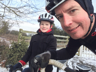 Cycling in the snow - Michael & Dad